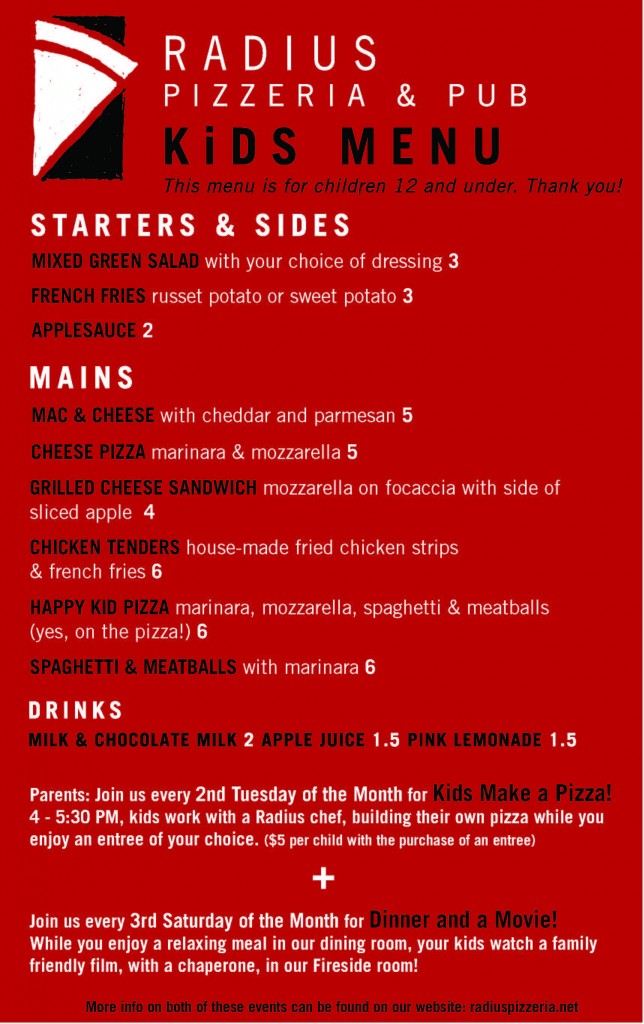 Radius Pizza Kids Menu for Winter 2015-16